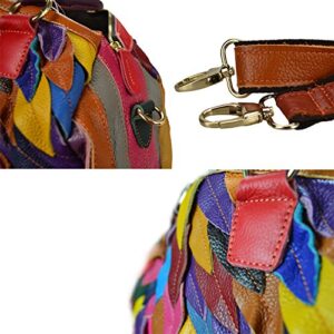 Sibalasi Women’s Multicolor Boston Bag Colorful Tote Leather Bag Unique Genuine Leather Handbag Designer Purse (Leaves)