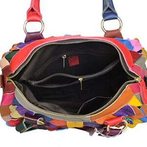 Sibalasi Women’s Multicolor Boston Bag Colorful Tote Leather Bag Unique Genuine Leather Handbag Designer Purse (Leaves)