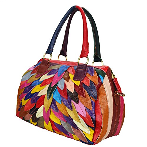 Sibalasi Women’s Multicolor Boston Bag Colorful Tote Leather Bag Unique Genuine Leather Handbag Designer Purse (Leaves)