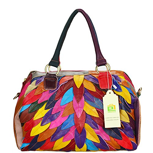 Sibalasi Women’s Multicolor Boston Bag Colorful Tote Leather Bag Unique Genuine Leather Handbag Designer Purse (Leaves)