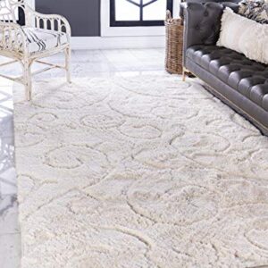 Unique Loom Shag Collection Modern Soft & Plush Textures with Floral Vine Design Area Rug, 5 ft x 8 ft, Ivory
