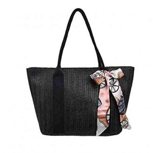 women woven shoulder bag handbag straw tote bag summer rattan bag purse for beach travel (black)
