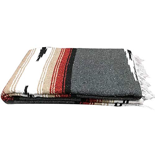 Open Road Goods Charcoal Black Mexican Yoga Blanket - Thick Diamond with Vintage Retro Serape Red Tan Brown and White Stripes