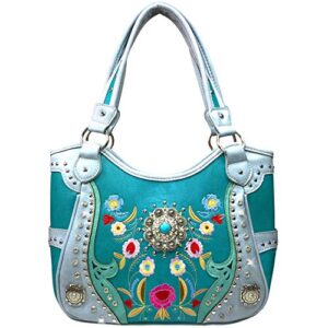 embroidered floral laser cut turquoise rhinestone concho concealed carry tote hobo purse (turquoise)