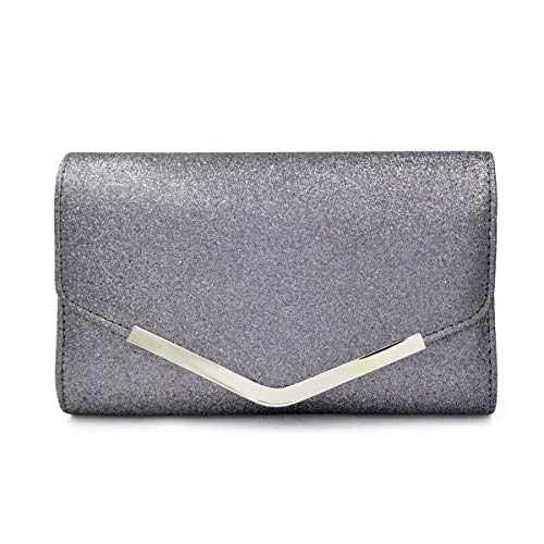 TrendsBlue Large Metallic Glitter Envelope Clutch Evening Bag, Silver Grey