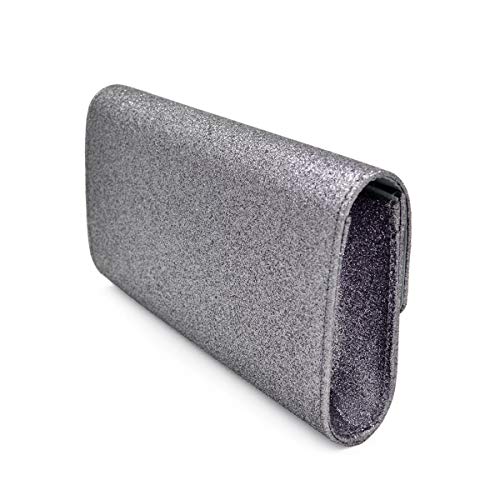 TrendsBlue Large Metallic Glitter Envelope Clutch Evening Bag, Silver Grey