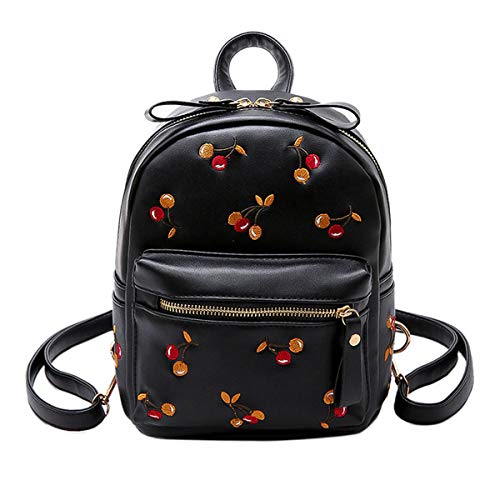 CLARA Girls Mini Embroidery Cherry Backpack PU Leather Small Purse Satchel Top-Handle Shoulder Bag Black