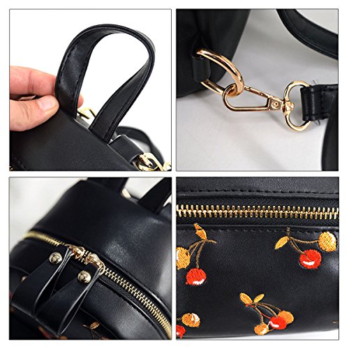 CLARA Girls Mini Embroidery Cherry Backpack PU Leather Small Purse Satchel Top-Handle Shoulder Bag Black