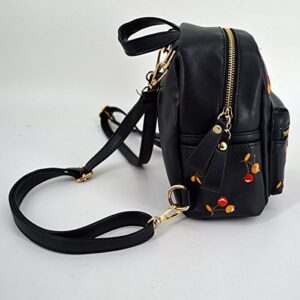 CLARA Girls Mini Embroidery Cherry Backpack PU Leather Small Purse Satchel Top-Handle Shoulder Bag Black