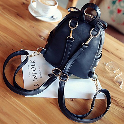 CLARA Girls Mini Embroidery Cherry Backpack PU Leather Small Purse Satchel Top-Handle Shoulder Bag Black