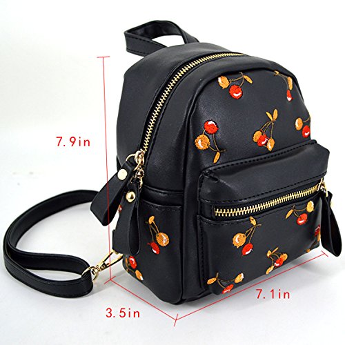 CLARA Girls Mini Embroidery Cherry Backpack PU Leather Small Purse Satchel Top-Handle Shoulder Bag Black