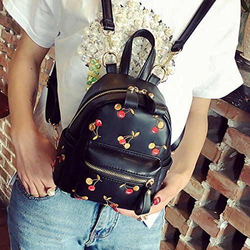 CLARA Girls Mini Embroidery Cherry Backpack PU Leather Small Purse Satchel Top-Handle Shoulder Bag Black