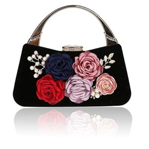 women’s flower evening bag black clutch purse handbag metal frame large clutch bag wedding hand bag carved handle (ship from the us)