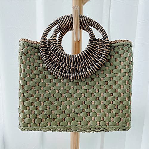 QTKJ Women Summer Retro Straw Bag with Zip Hand-woven Beach Handbag Top Round Handle Boho Tote Bag Shopping and Travel Large Bag (Green)