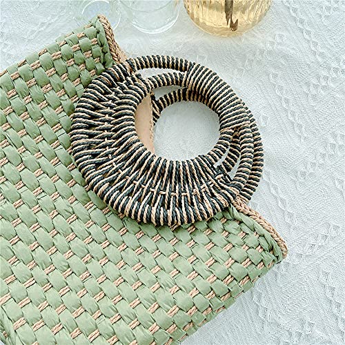 QTKJ Women Summer Retro Straw Bag with Zip Hand-woven Beach Handbag Top Round Handle Boho Tote Bag Shopping and Travel Large Bag (Green)