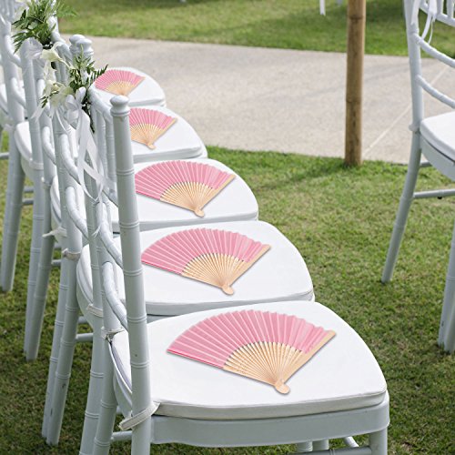 Bememo Hand Held Fans Silk Bamboo Folding Fans Handheld Folded Fan for Church Wedding Gift, Party Favors, DIY Decoration (12 Pack, Pink)