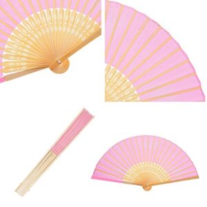 Bememo Hand Held Fans Silk Bamboo Folding Fans Handheld Folded Fan for Church Wedding Gift, Party Favors, DIY Decoration (12 Pack, Pink)