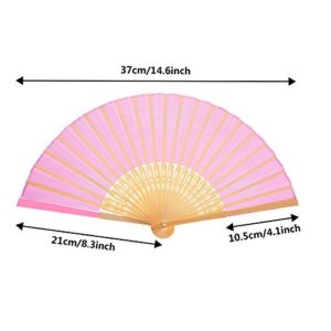 Bememo Hand Held Fans Silk Bamboo Folding Fans Handheld Folded Fan for Church Wedding Gift, Party Favors, DIY Decoration (12 Pack, Pink)