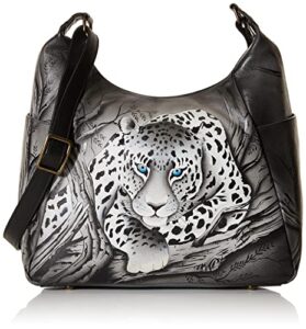 anna by anuschka hand painted leather women’s large multi pocket hobo, african leopard