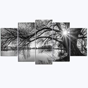 sechars – 5 pieces wall art old tree by lake picture canvas prints sunrise painting black and white landscape canvas art modern wall decoration framed and ready to hang