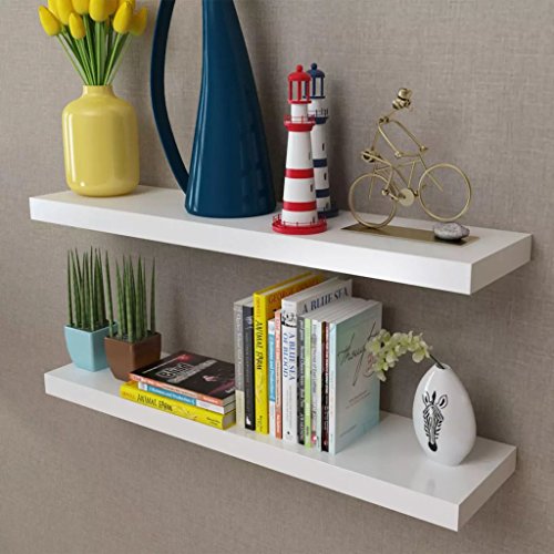 Festnight Set of 2 Floating Wall Display Shelves MDF Collectables DVD Storage Wall Mounted Shelf Bookshelf for Living Room Home Office Decor Furniture White (32" x 8" x 1.5")