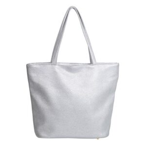 premium large solid color vegan pu pebble leather tote shoulder bag handbag, silver