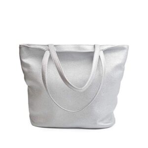 Premium Large Solid Color Vegan PU Pebble Leather Tote Shoulder Bag Handbag, Silver