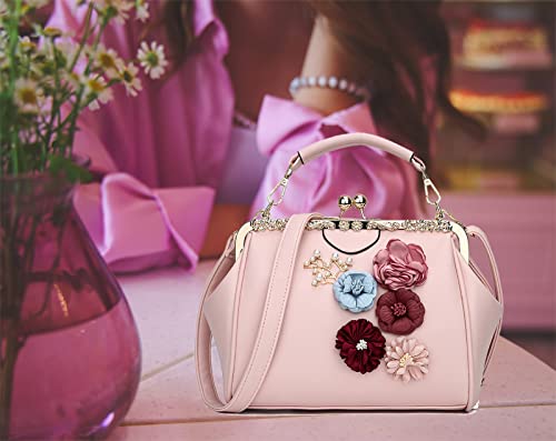 Abuyall Women's Retro Handbag Kiss Lock Shoulder Bag Vintage Purse Flowers M C