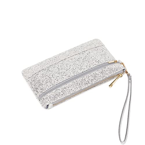 LAM GALLERY Sparkling Glitter Evening Clutch Silver Bride Purse for Wedding Bling Clutch Handbag for Party - Silver Wristlet Style