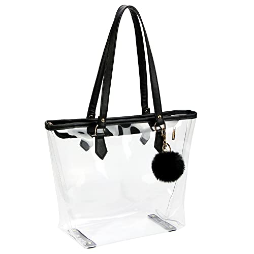 Large Clear Bag Transparent Shoulder Handbag with Black Plush Pendant(Black 2)