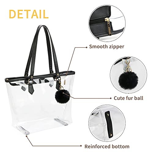 Large Clear Bag Transparent Shoulder Handbag with Black Plush Pendant(Black 2)