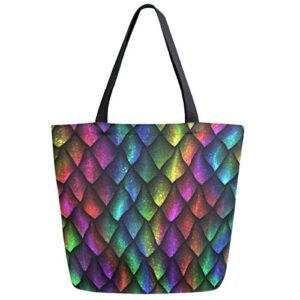 zzwwr 3d trendy colored dragon scale print extra large canvas shoulder tote top handle bag for gym beach travel shopping