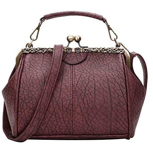 Abuyall Women Small Retro Kiss Lock Pu Leather Vintage Purses and Handbags Tote Bags Winered