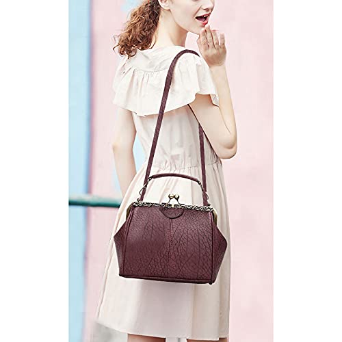 Abuyall Women Small Retro Kiss Lock Pu Leather Vintage Purses and Handbags Tote Bags Winered