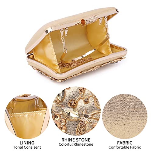 GESU Womens Beaded Crystal Clutch Rhinestone Evening Bag Wedding Bridal Prom Purse,Gold, Large