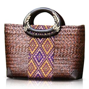 qtkj women summer retro straw bag with printing hand-woven beach handbag leaf pattern wooden handle boho tote bag shopping and travel large bag (brown)