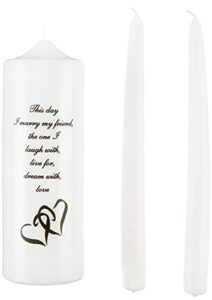 celebration candles wedding unity 9-inch this day i marry my friend pillar candle with double heart motif and 10-inch taper candle set, ivory