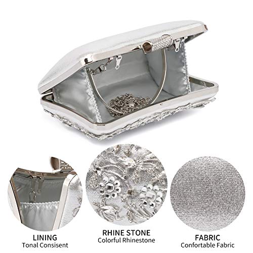 Womens Beaded Clutch Rhinestone Evening Bag Wedding Bridal Prom Purse,Silver.