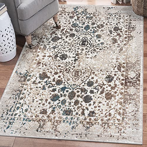 Luxe Weavers Rug 6495 – Distressed Floral Area Rug, Cream 5x7