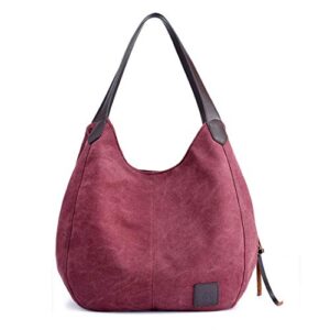 andongnywell casual cotton canvas handbag ladies canvas hobo bag women’s multi-pocket shopper bag shoulder tote (red)