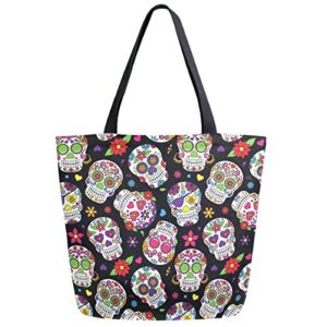 zzwwr chic day of the dead sugar skull large canvas shoulder tote top handle bag for gym beach travel shopping