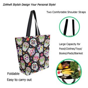 ZzWwR Chic Day of The Dead Sugar Skull Large Canvas Shoulder Tote Top Handle Bag for Gym Beach Travel Shopping