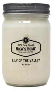 nika’s home lily of the valley soy candle 12oz mason jar non-toxic white soy candle handmade, long burning 50-60 hours highly scented all natural, clean burning candle gift décor