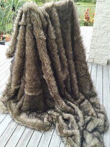 luxurious wolf faux fur throw blanket fake wolf/coyote fur thorw blanket 79″x90″ queen size fake fur throw blanket bedspread brown