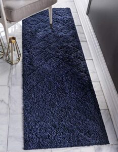 unique loom trellis shag collection plush geometric modern moroccan lattice navy blue runner rug (2′ 7 x 10′ 0)