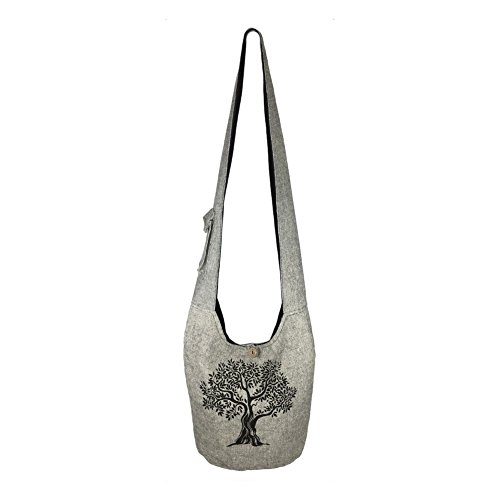 Fair Trade Large Sling Crossbody Shoulder Bag Purse Hippie Hobo Gypsy Bohemian, Grey Tree