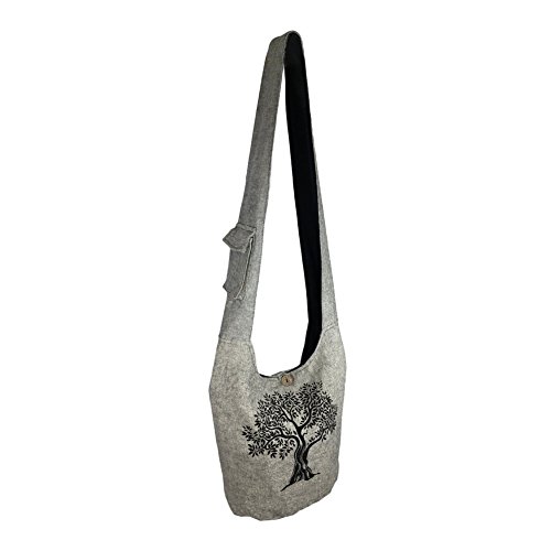 Fair Trade Large Sling Crossbody Shoulder Bag Purse Hippie Hobo Gypsy Bohemian, Grey Tree