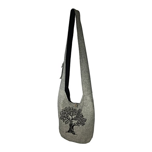 Fair Trade Large Sling Crossbody Shoulder Bag Purse Hippie Hobo Gypsy Bohemian, Grey Tree