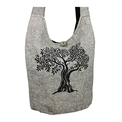 Fair Trade Large Sling Crossbody Shoulder Bag Purse Hippie Hobo Gypsy Bohemian, Grey Tree