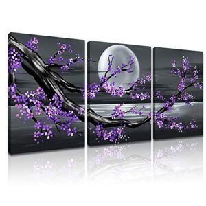 LoveHouse 3 Piece Purple Flower Tree Wall Art for Bedroom Cherry Blossom Tree in Full Moon Night Landscape Canvas Prints Artwork for Home Wall Decoration Ready to Hang 12x16inchx3pcs (Cherry Blossom)